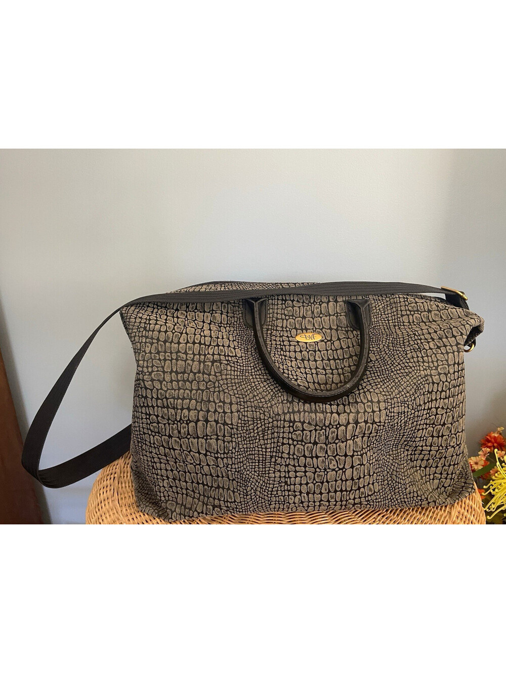 Diane von Furstenberg Large Gray Black Animal Print weekender bag Gold Hardware